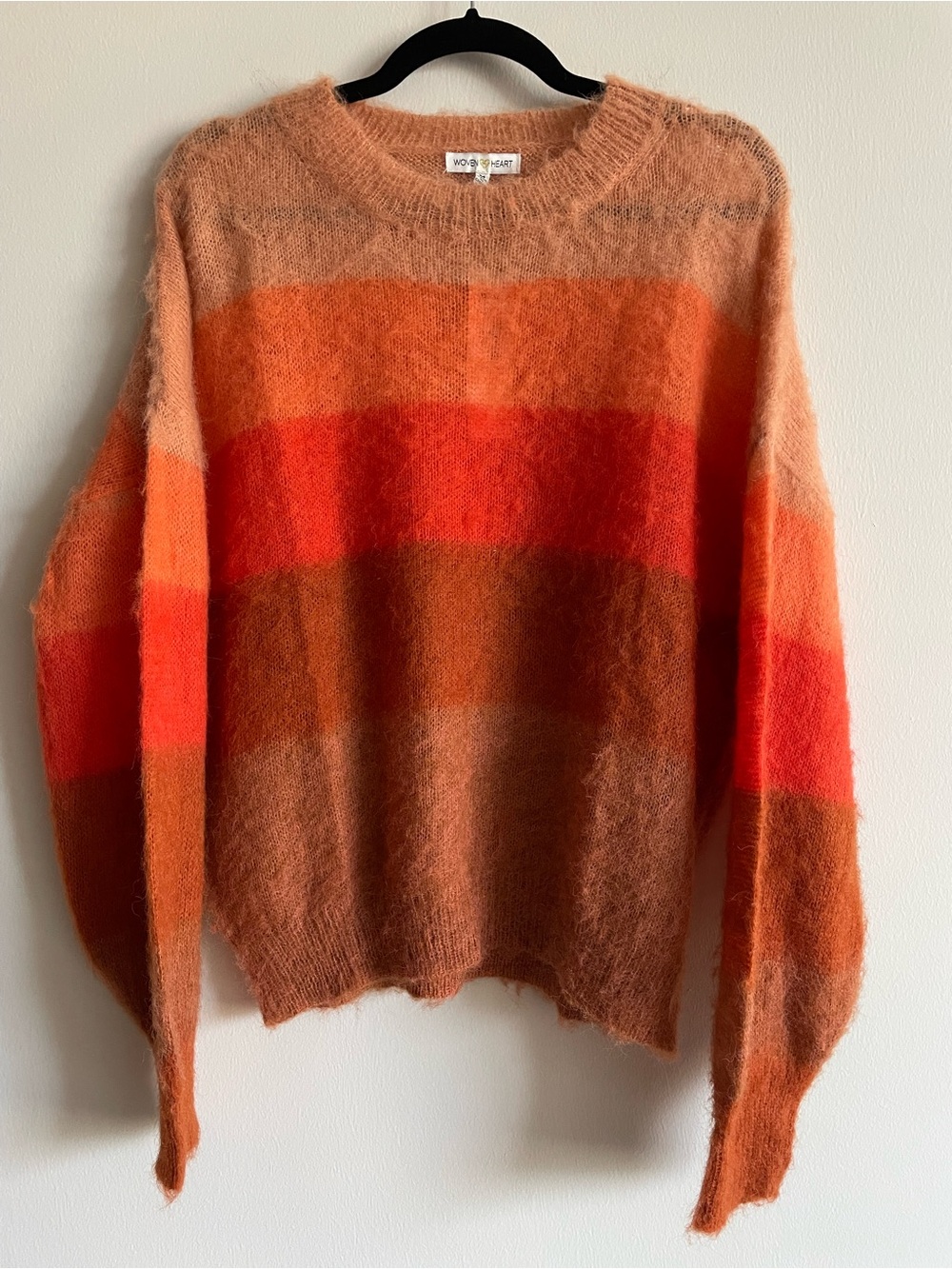 Woven Heart Crewneck Sweater Orange Brown Stripe Open Weave Textured Fuzzy M